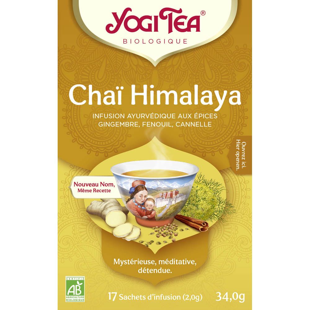 Boîte de thé Yogi Tea® Chai Himalaya. 17 sachets. Label AB bio. Image du produit et ingrédients.