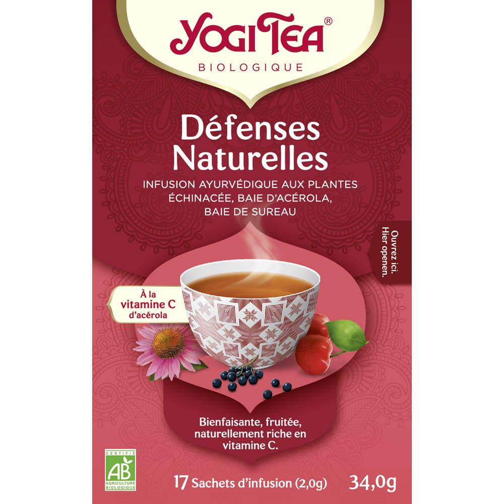 Boîte rouge Yogi Tea® Défenses Naturelles, infusion ayurvédique. Contient 17 sachets de thé. Avec vitamine C.