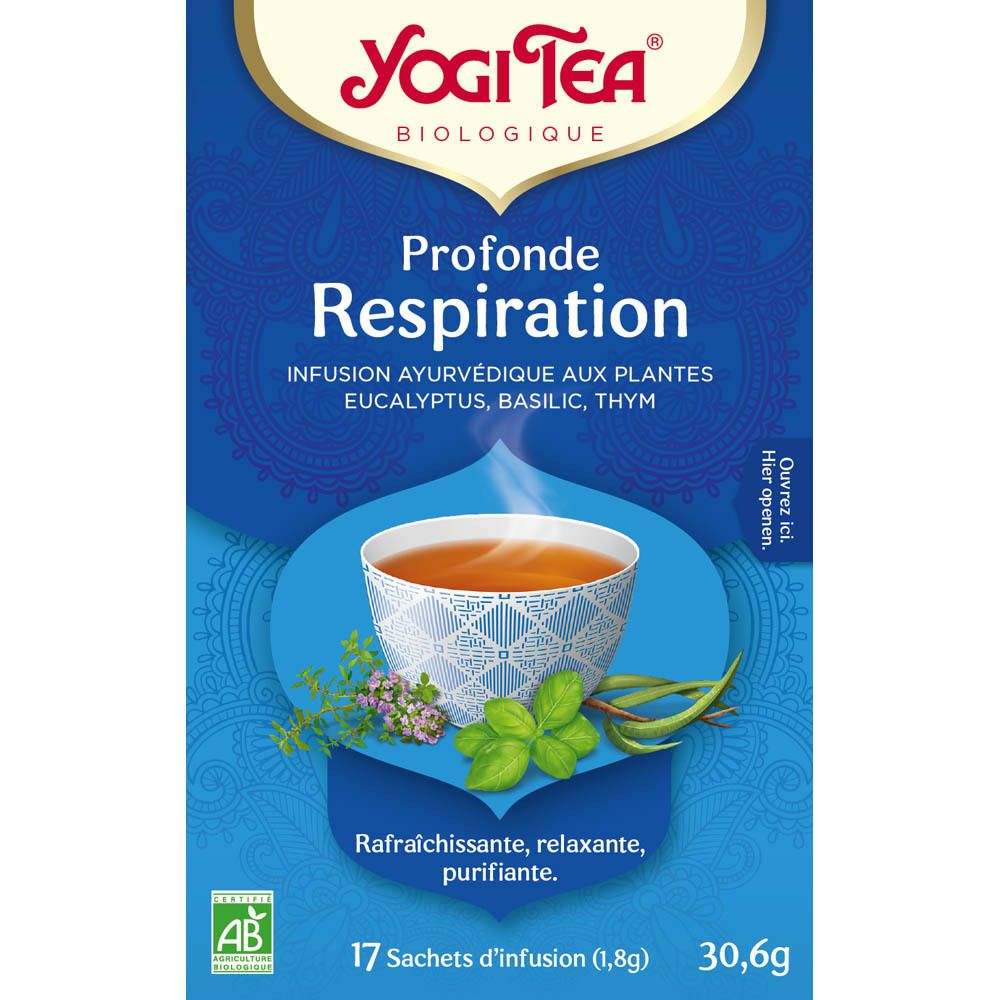 Boîte de thé Yogi Tea® Profonde Respiration. 17 sachets, 30,6g. Label AB. Image d'une tasse de thé.