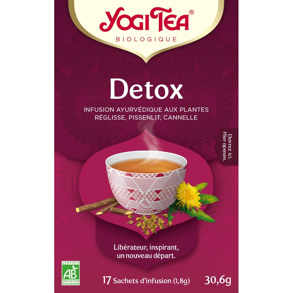 Boîte Yogi Tea® Detox. Inscription: Detox, 17 sachets, 30,6g. Illustration tasse de thé et herbes.