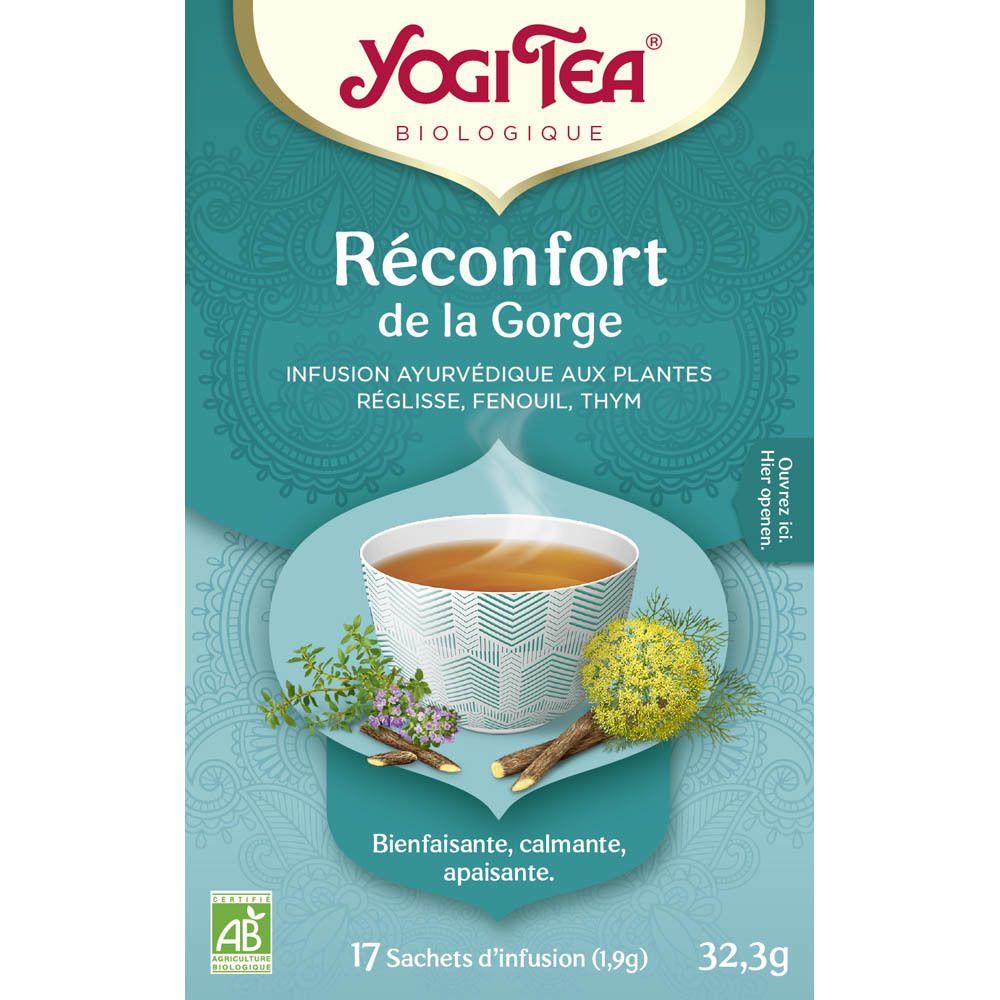 Boîte Yogi Tea® turquoise. Inscription: Réconfort de la Gorge. 17 sachets de thé. Label AB Bio.