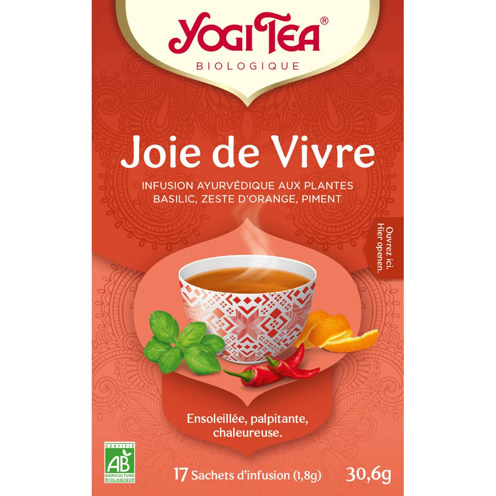Boîte rouge Yogi Tea® Joie de Vivre. 17 sachets de thé. Illustration d'une tasse de thé et ingrédients.
