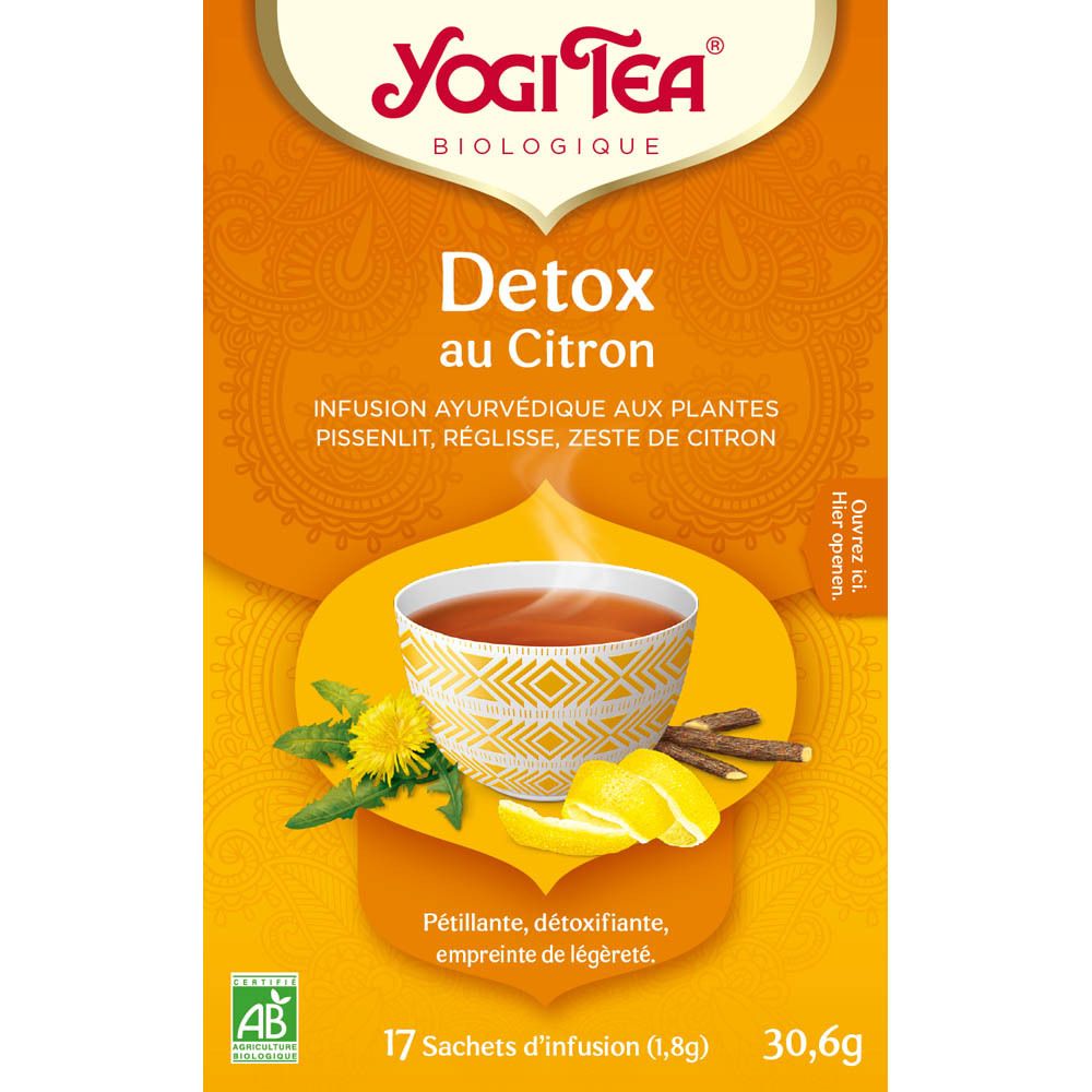 Boîte de Yogi Tea® Detox au Citron. Contient 17 sachets. Inscription: Detox au Citron, Infusion ayurvedique aux plantes, logo AB.