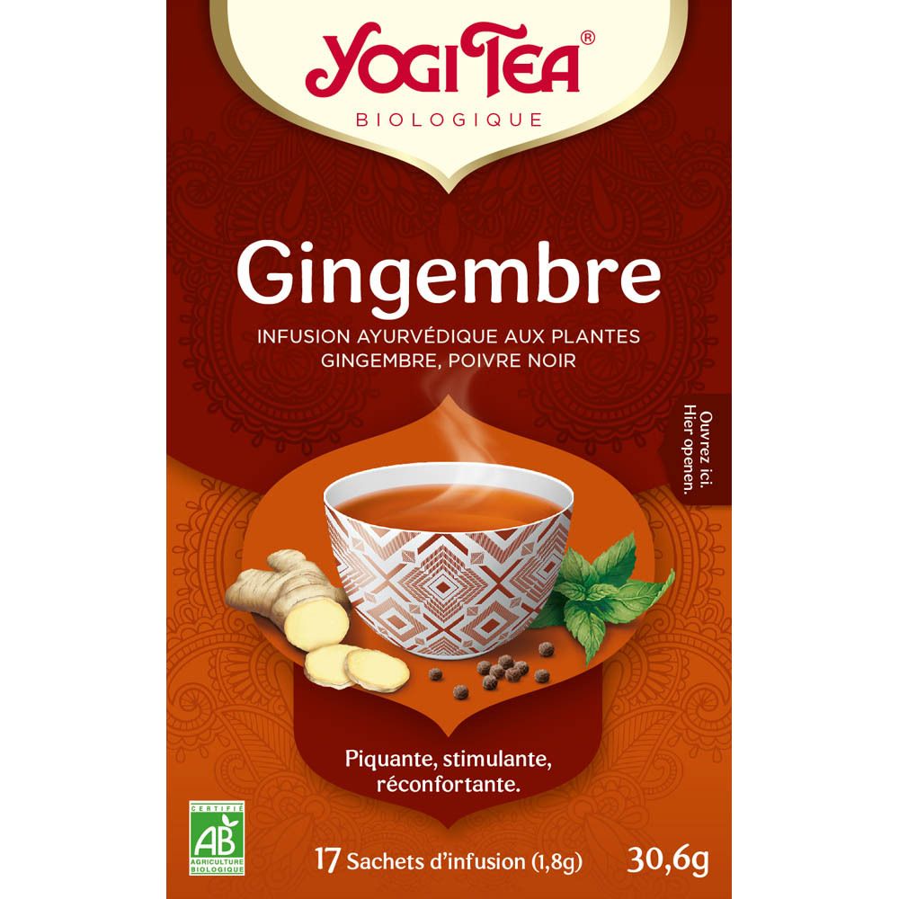 Boîte de Yogi Tea® Gingembre. Inscription: Gingembre, infusion ayurvédique. 17 sachets. Label AB. Texte en français.