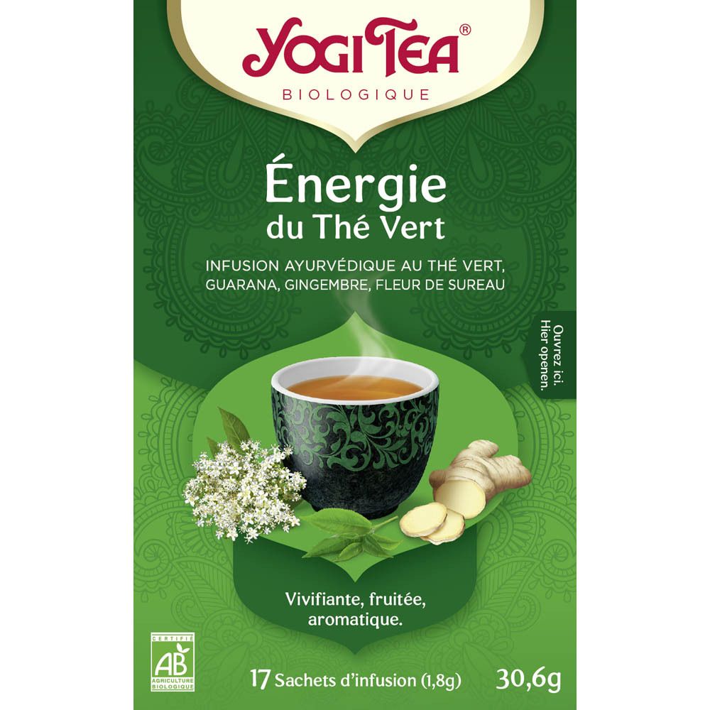Boîte Yogi Tea Energie du Thé Vert. Inscription: Energie du Thé Vert. 17 sachets, 30,6g. Label AB-Bio.