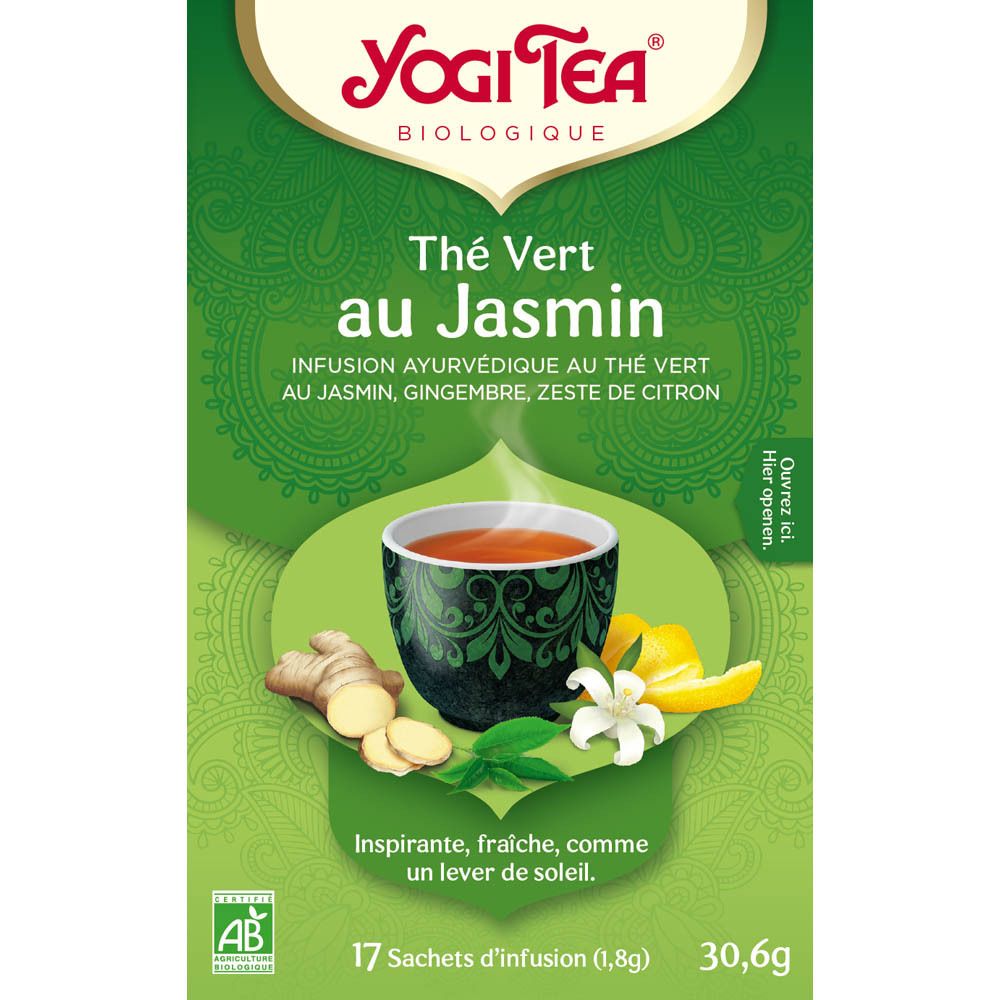 Thé Vert au Jasmin. Boîte avec logo, texte et illustration d'une tasse de thé, gingembre, citron et fleur de jasmin. 17 sachets.