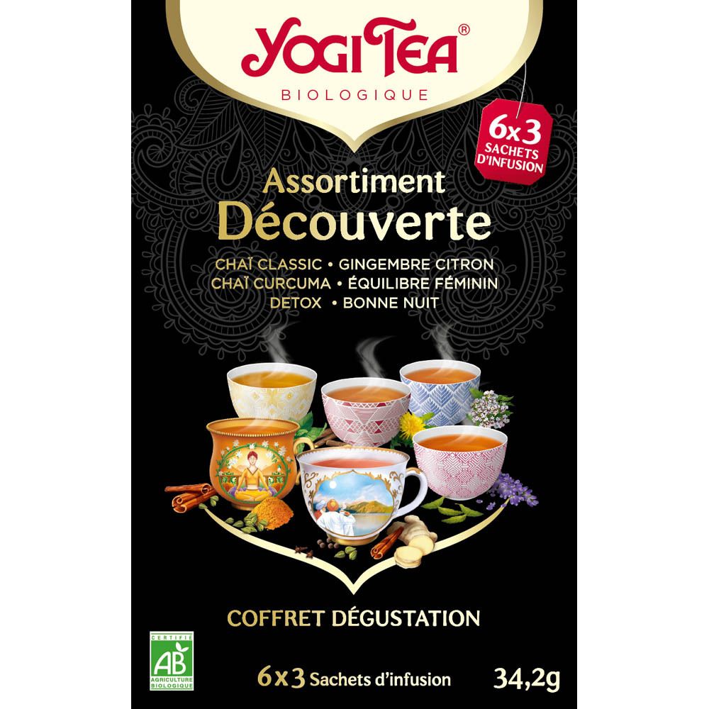 Boîte Yogi Tea® avec 6x3 sachets. Inscription: Assortiment Découverte. Contient Classic, Gingembre Citron, Chai Curcuma, Équilibre Féminin, Detox, Bonne Nuit.