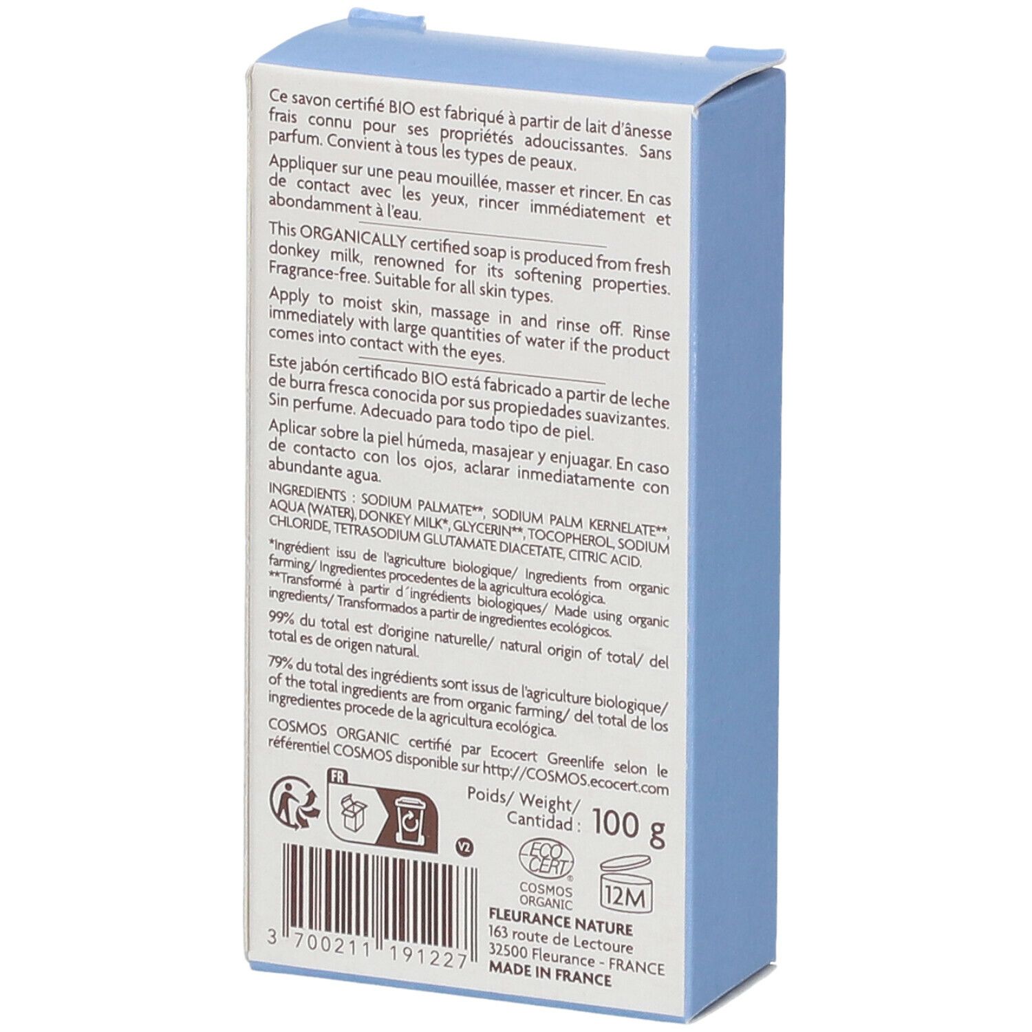 Fleurance nature Savon au Lait d'Ânesse Nature Bio