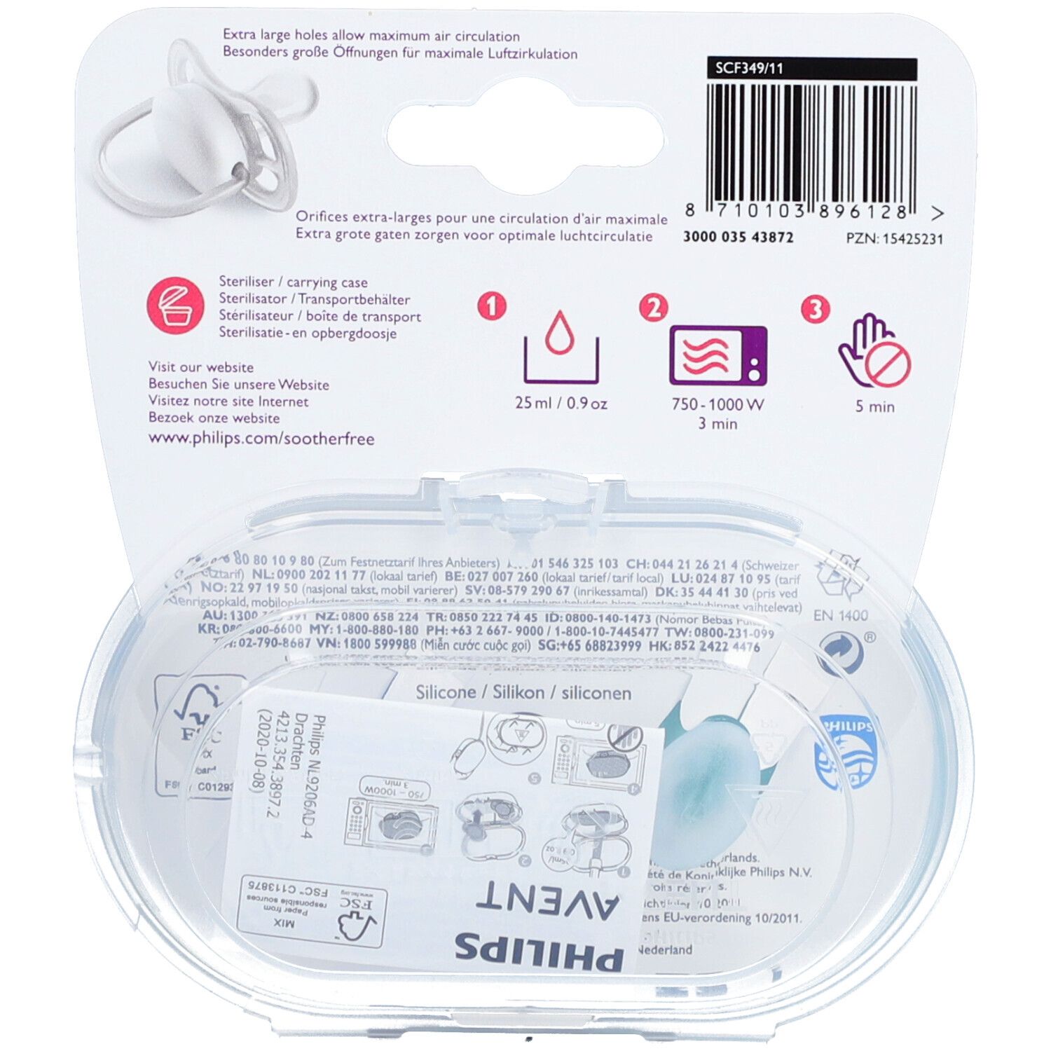 Dos de l'emballage de deux sucettes. Marque Avent. Texte: Ultra Air. Stérilisateur et boîte de transport. Instructions.