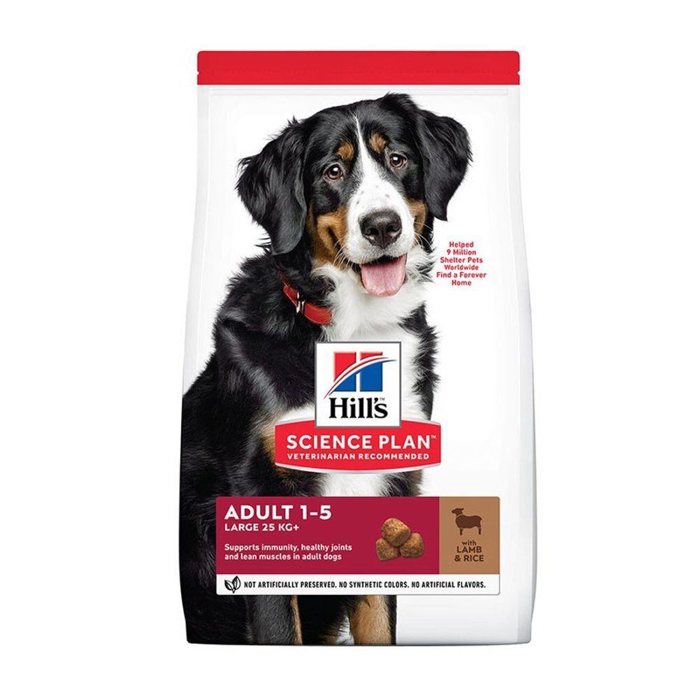 Sac de nourriture pour chien avec photo de chien. Inscription : Hill's Science Plan, Adult 1-5, Large 25 KG+. Contient agneau et riz. Recommandé par les vétérinaires.