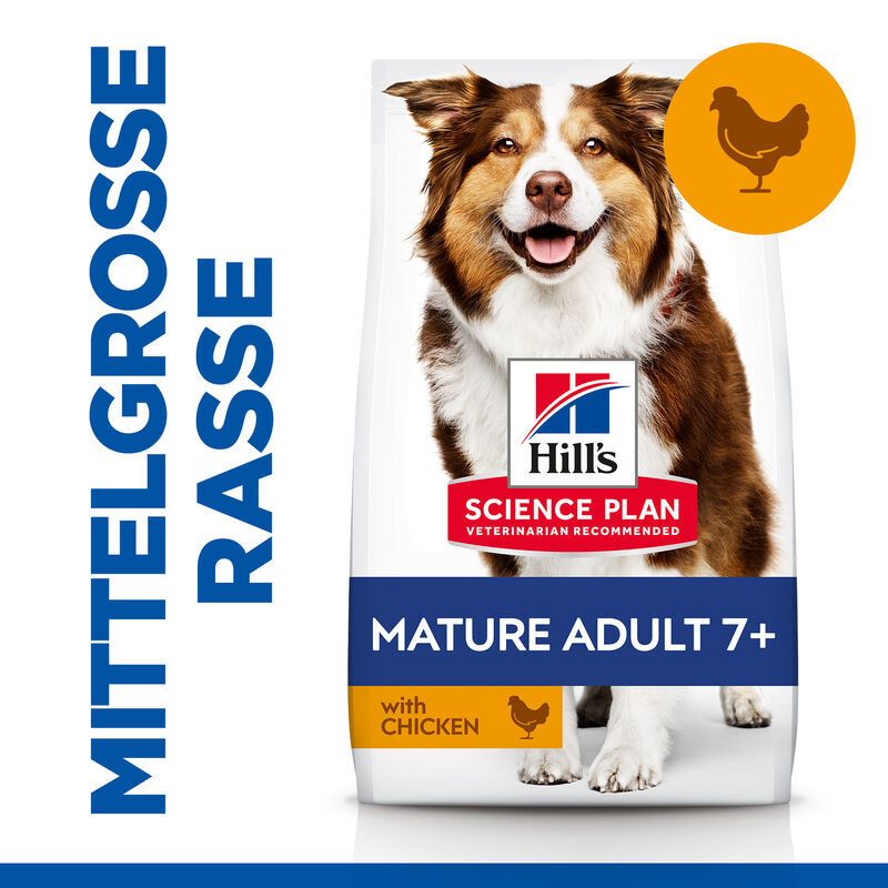 Sac de nourriture pour chiens avec chien et symbole de poulet. Inscription : Hill's Science Plan Mature Adult 7+ avec poulet. Pour race moyenne.