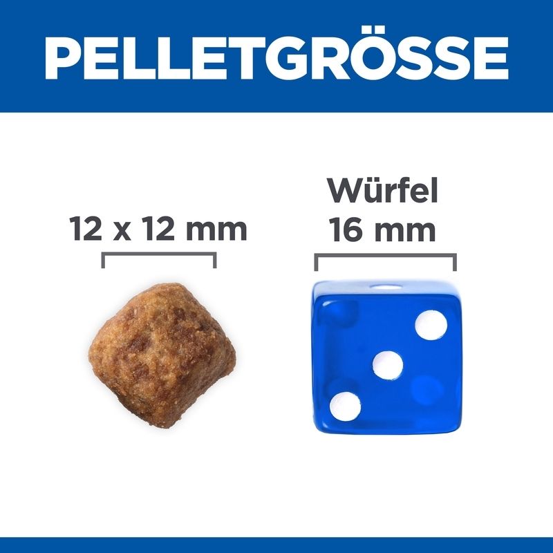 Comparaison de la taille des granulés. Croquettes 12x12 mm. Dé bleu 16 mm. Texte : Taille des granulés.
