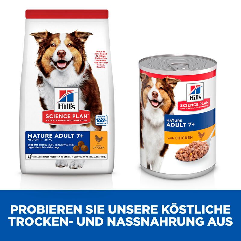 Sac et boîte de nourriture pour chiens. Inscription : Hill's Science Plan Mature Adult 7+ avec poulet. Nourriture sèche et humide.