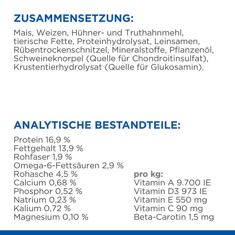 Composition et constituants analytiques. Texte : Maïs, blé, poulet, farine de dinde, graisses animales, protéines, graines de lin, etc.