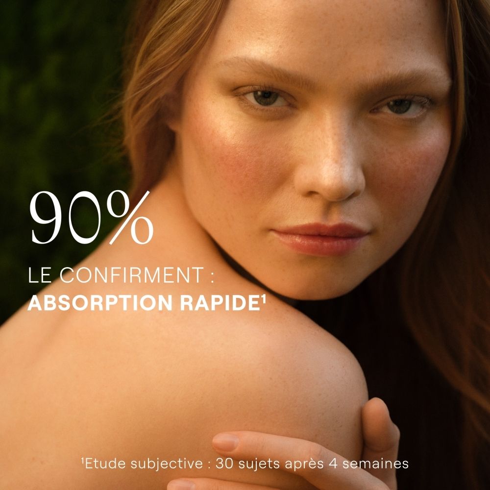 Portrait d'une femme avec le texte "90% Le confirmment: Absorption Rapide".