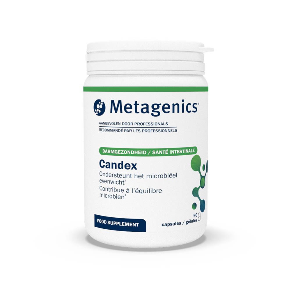 Boîte blanche Candex et logo Metagenics. Contient 90 gélules. Texte en italien, néerlandais et français.