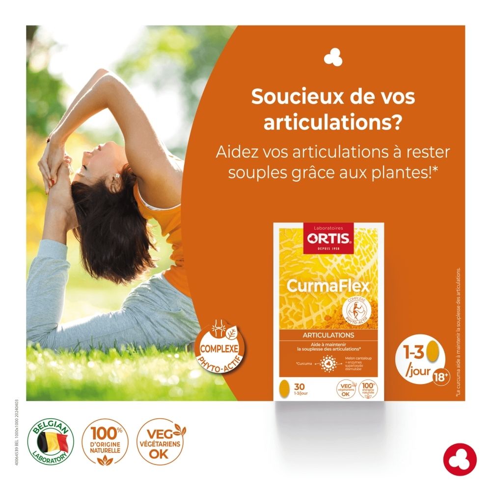 Femme en posture de yoga à côté de la boîte Ortis CurmaFlex. Texte sur la santé articulaire.