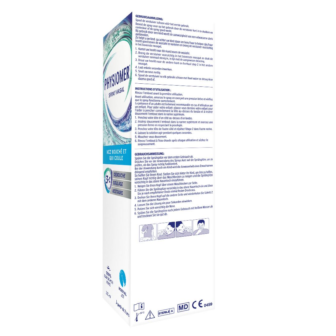 Dos de la boîte de spray nasal Physiomer®. Texte: Spray nasal. Mode d'emploi. Design vagues.