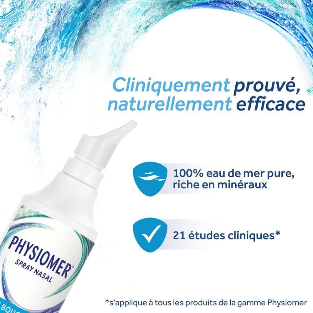 Flacon de spray nasal Physiomer avec indications sur l'efficacité clinique et l'eau de mer pure à 100%.