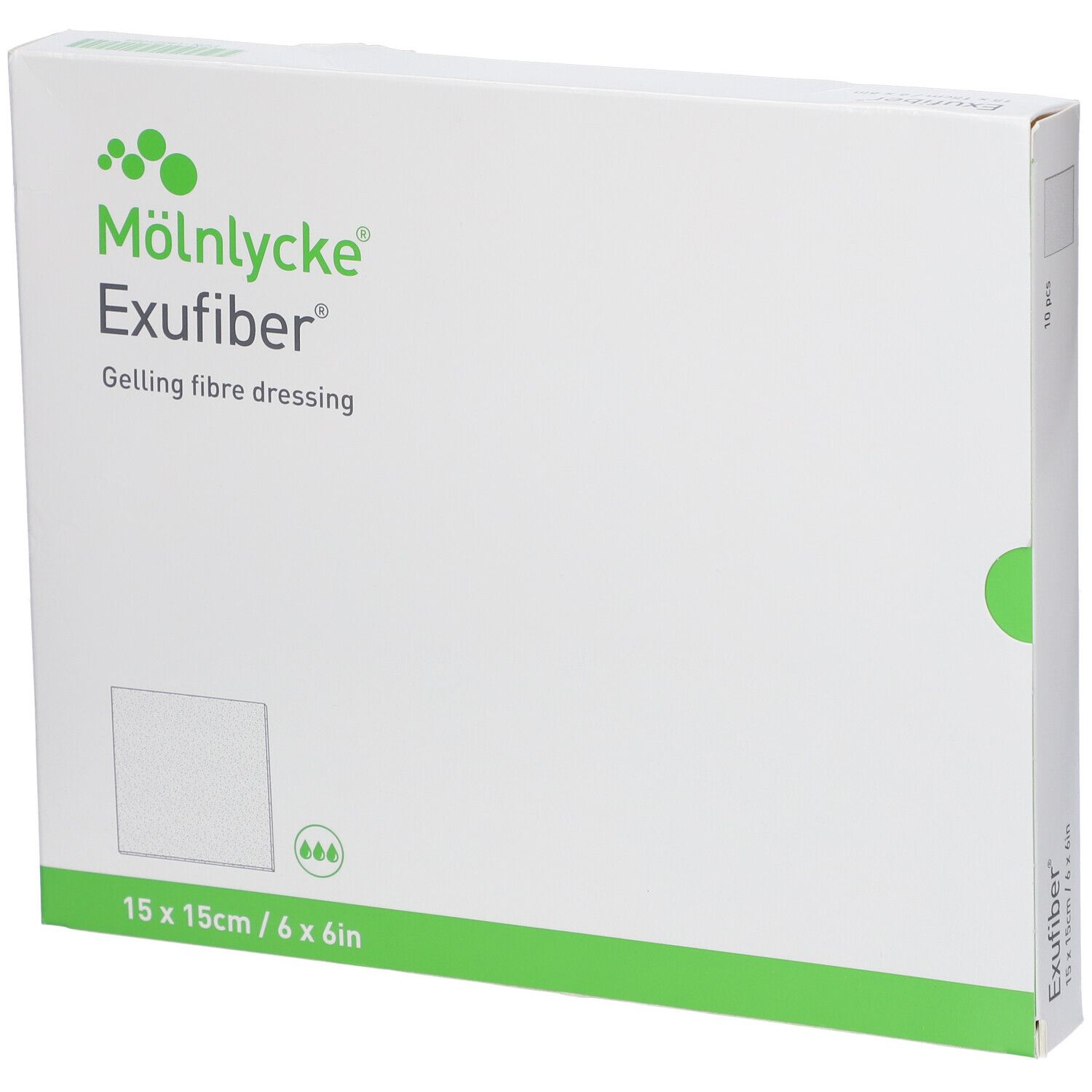 Emballage Mölnlycke Exufiber. Blanc et vert. Nom du produit et dimensions 15x15cm/6x6in.