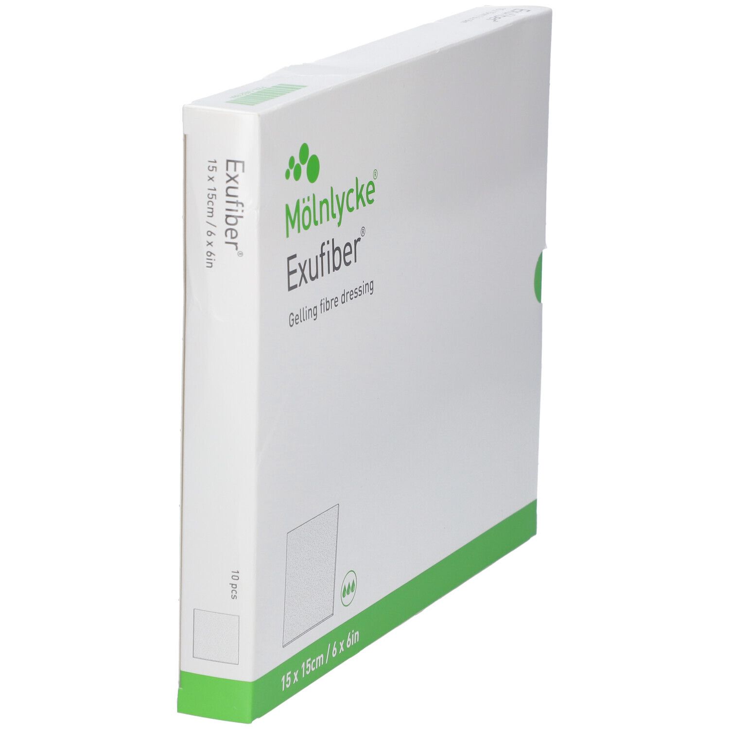 Emballage Mölnlycke Exufiber, blanc et vert. Nom du produit et dimensions 15x15cm/6x6in.