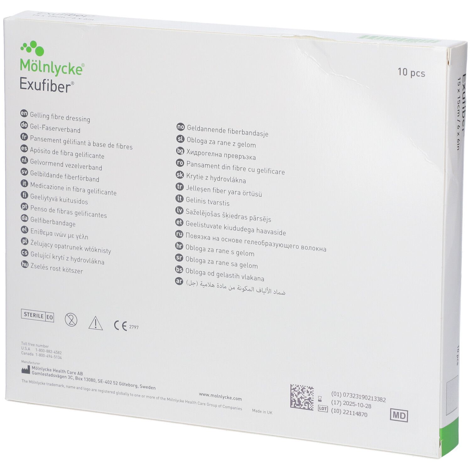 Dos de l'emballage Mölnlycke Exufiber. Informations multilingues, marquage CE et coordonnées du fabricant.