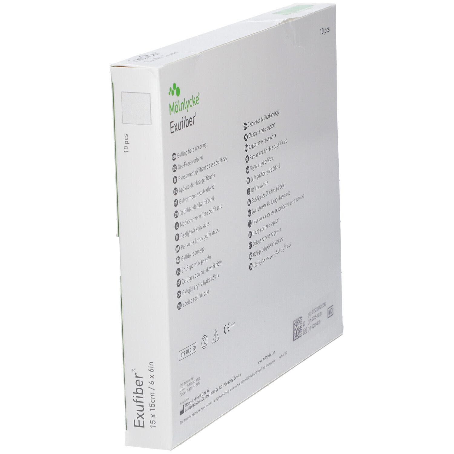 Dos de l'emballage Mölnlycke Exufiber. Informations multilingues, marquage CE et coordonnées du fabricant.