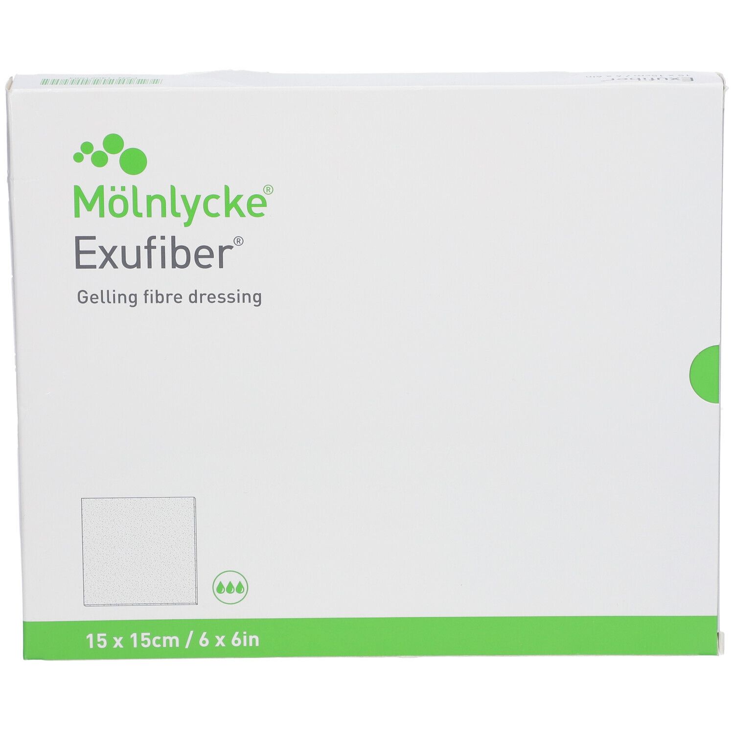 Emballage Mölnlycke Exufiber. Blanc et vert. Nom du produit et dimensions 15x15cm/6x6in.