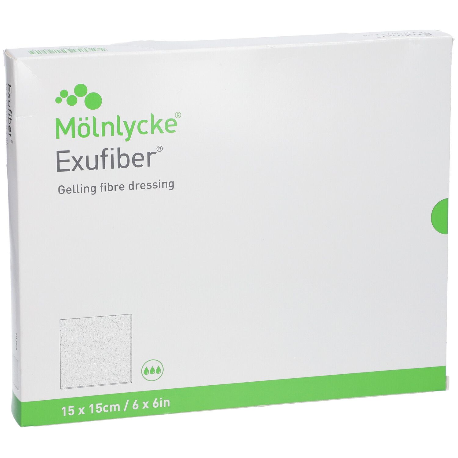 Emballage Mölnlycke Exufiber. Blanc et vert. Nom du produit et dimensions 15x15cm/6x6in.