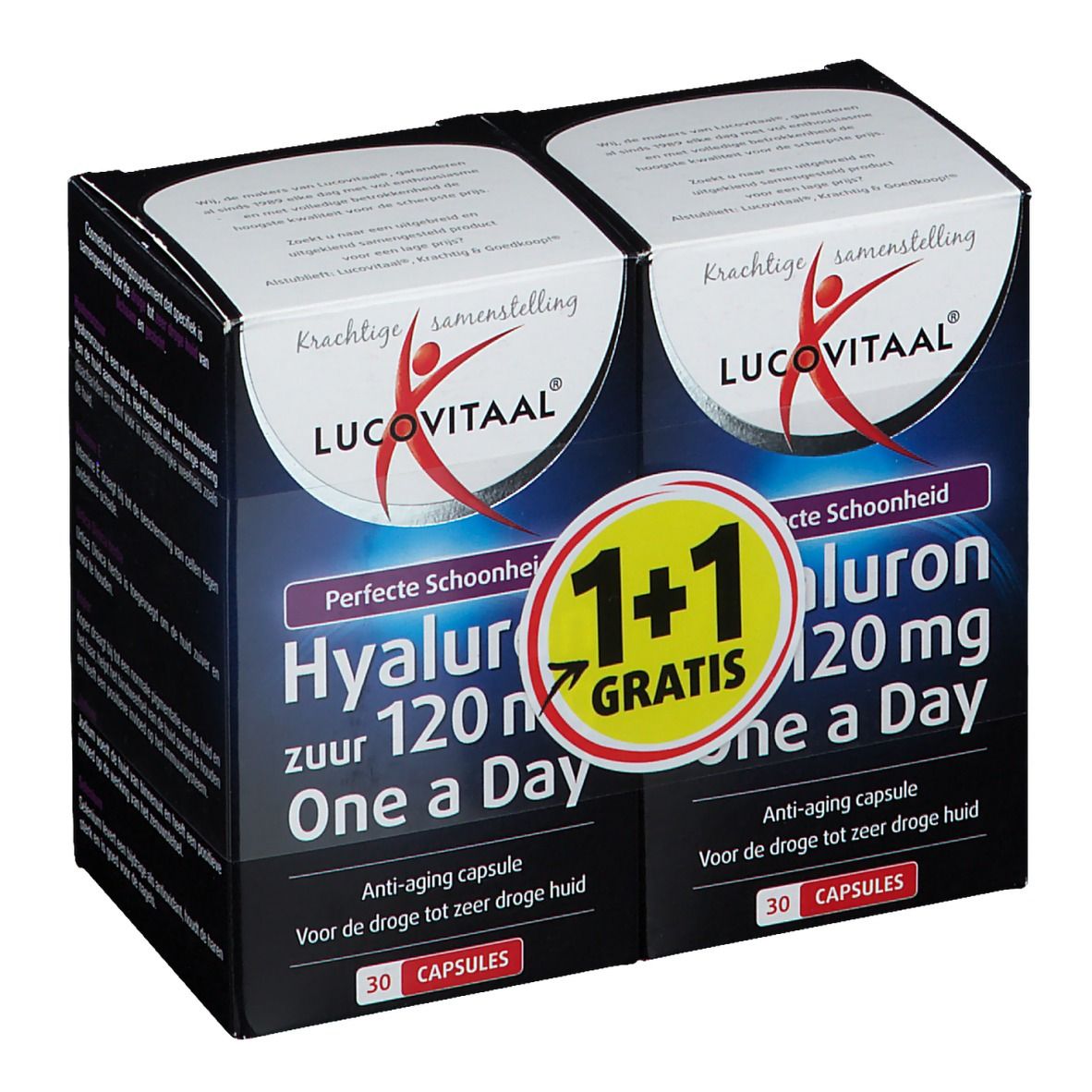 Deux boîtes de LUCOVITAAL® Hyaluronzuur. Emballage noir avec informations et logo. Offre 1+1 gratuit.