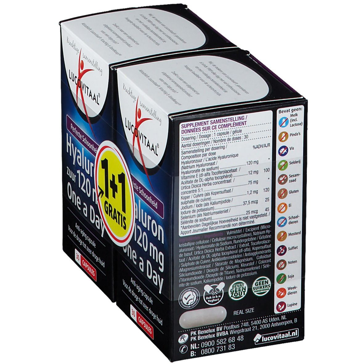 Dos de l'emballage LUCOVITAAL® Hyaluronzuur. Contient ingrédients, dosage et informations nutritionnelles. Avec certifications.