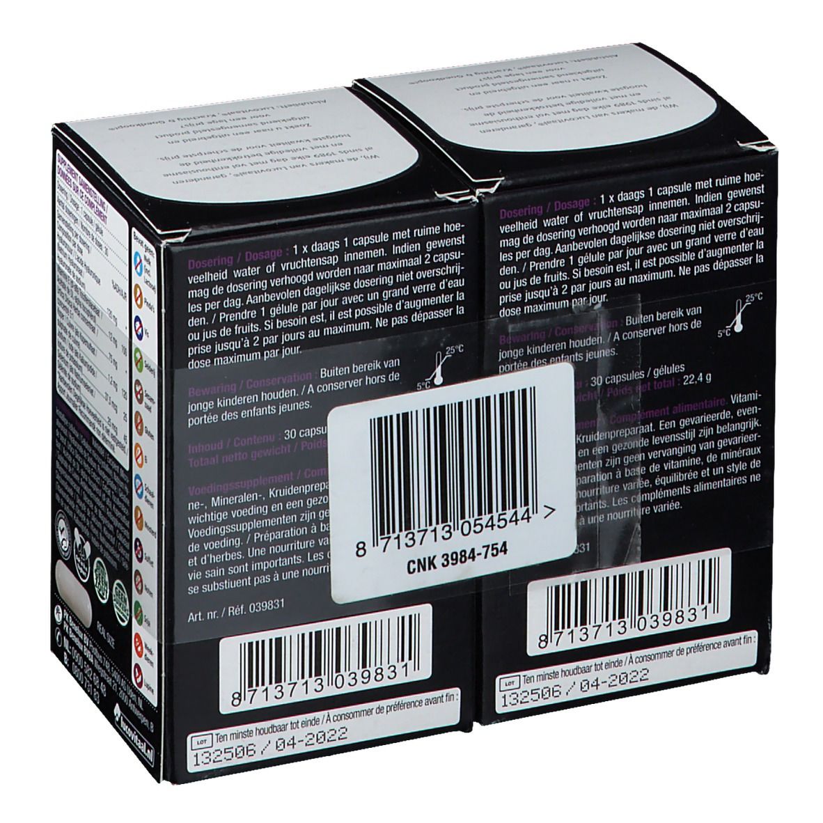 Dos de l'emballage LUCOVITAAL® Hyaluronzuur. Contient avertissements, dosage et date de péremption.