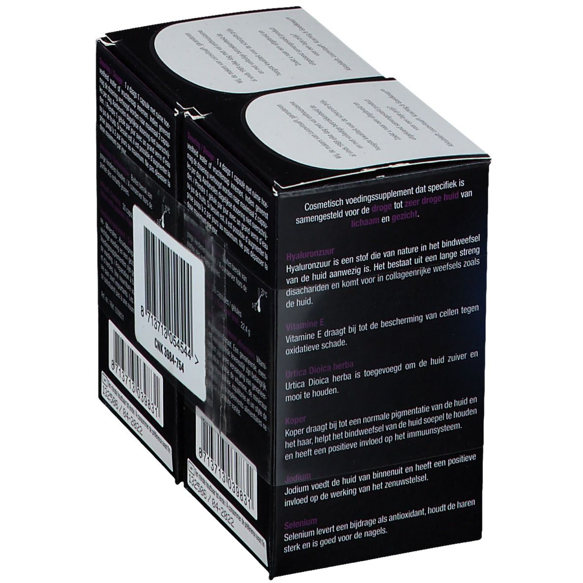 Dos de l'emballage LUCOVITAAL® Hyaluronzuur. Contient des informations sur les ingrédients et leurs effets.