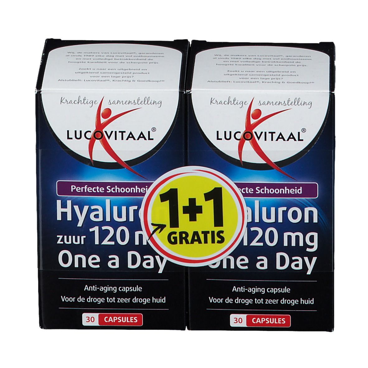 Deux boîtes de LUCOVITAAL® Hyaluronzuur. Emballage noir avec informations et logo. Offre 1+1 gratuit.