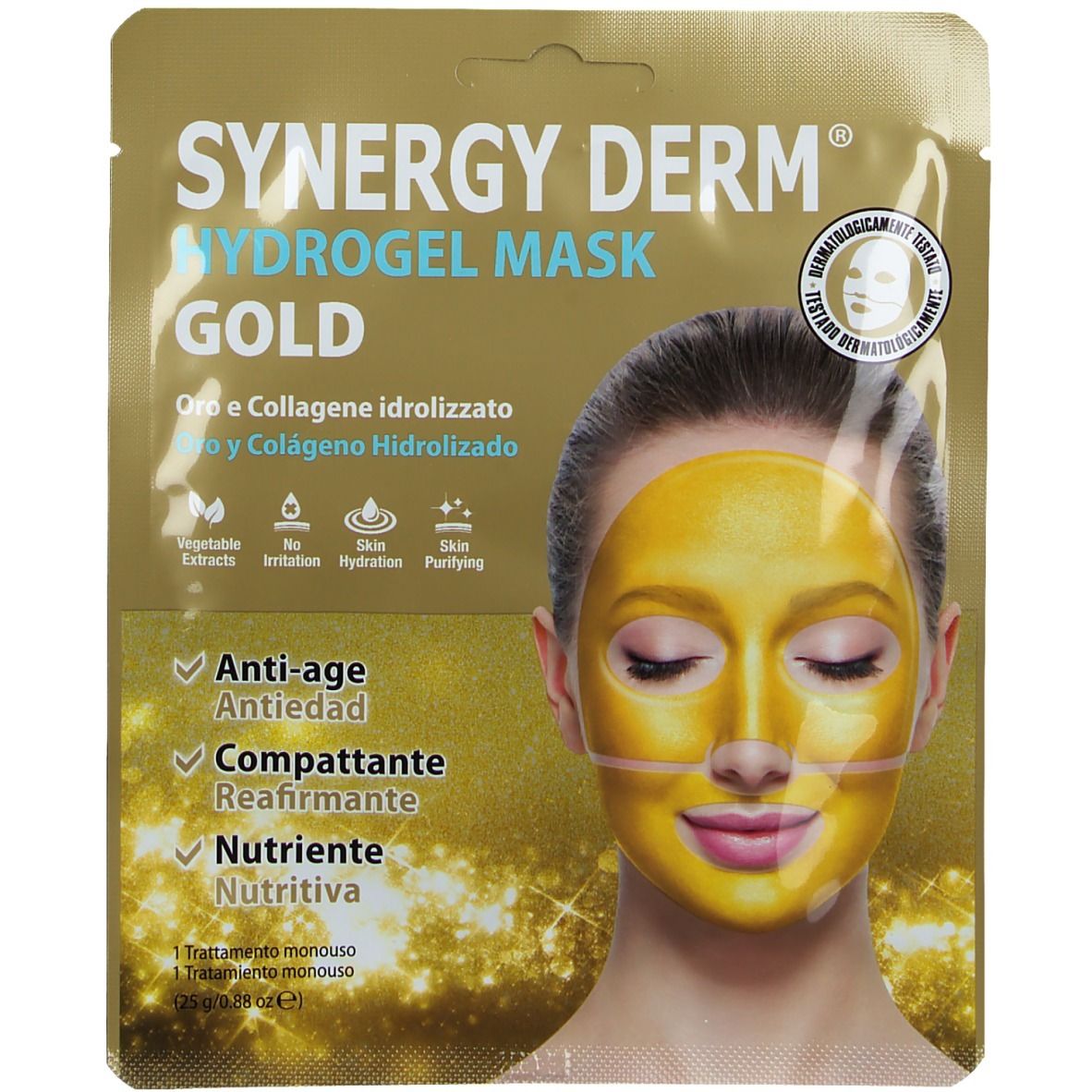 Masque facial Synergy Derm Hydrogel Gold. Masque doré sur visage. Yeux fermés. Emballage avec nom du produit et logos.