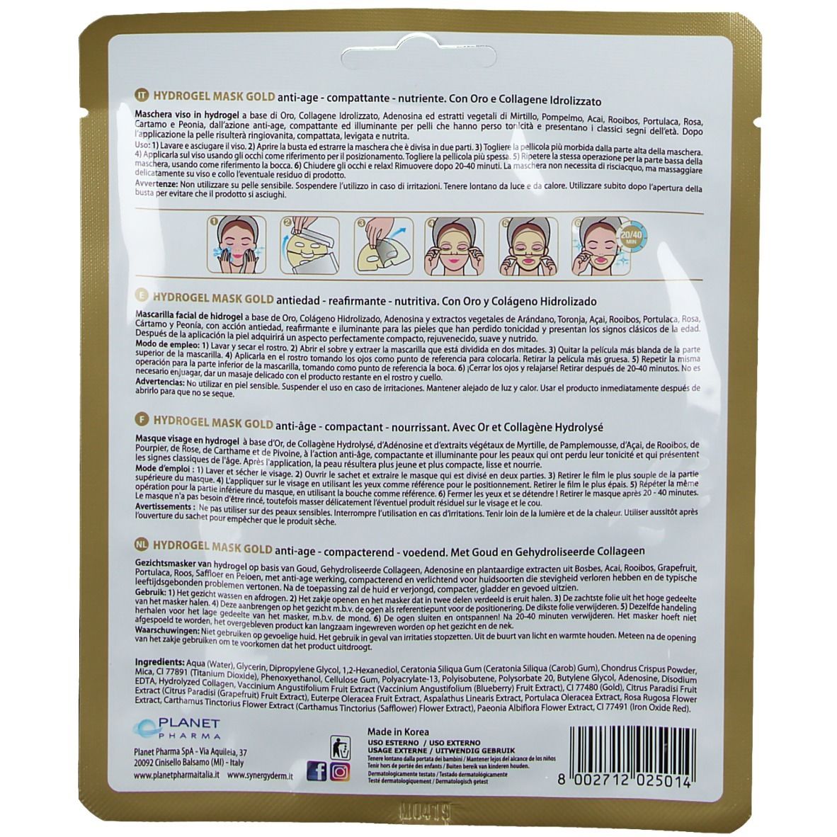 Dos de l'emballage du masque Synergy Derm Hydrogel Gold. Texte multilingue. Illustrations d'utilisation.