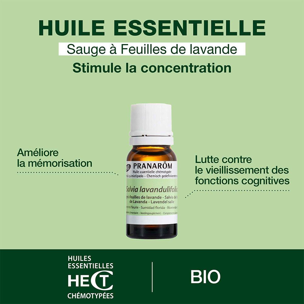 Image publicitaire avec PRANAROM Huile Essentielle de Lavande. Texte: Huile Essentielle, Sauge à Feuilles de lavande. Stimule la concentration.