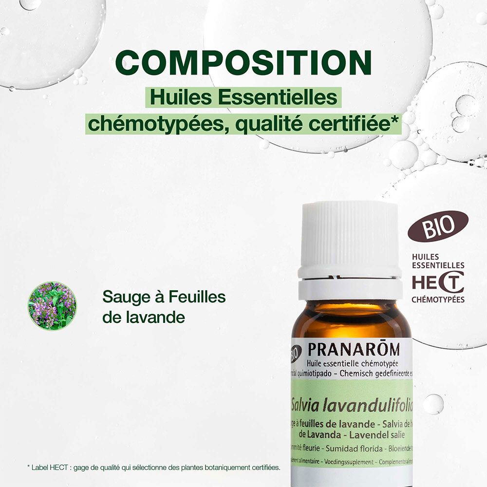 Flacon d'huile essentielle de lavande PRANAROM. Texte: Huiles Essentielles chémotypées, qualité certifiée. Certification BIO.