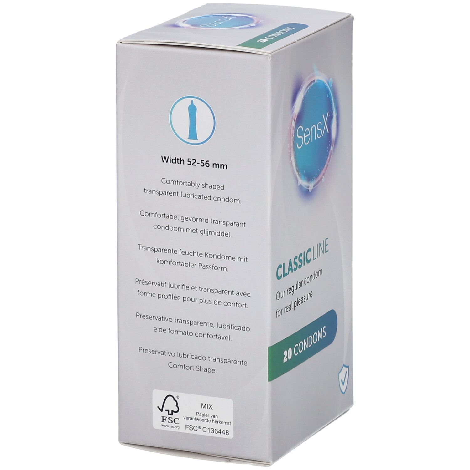 Dos de la boîte de préservatifs SensX Classic Line. Informations sur la taille, certification FSC et instructions en plusieurs langues.