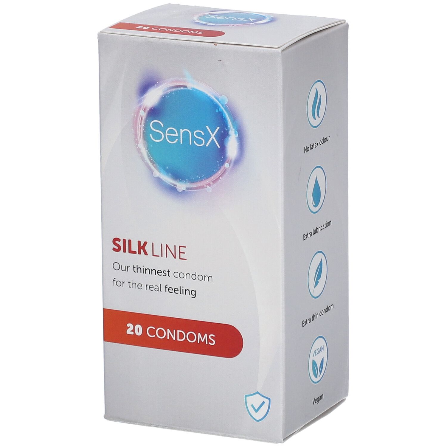 Boîte de préservatifs SensX Silk Line. 20 préservatifs. Inscription : Notre préservatif le plus fin pour la sensation réelle.