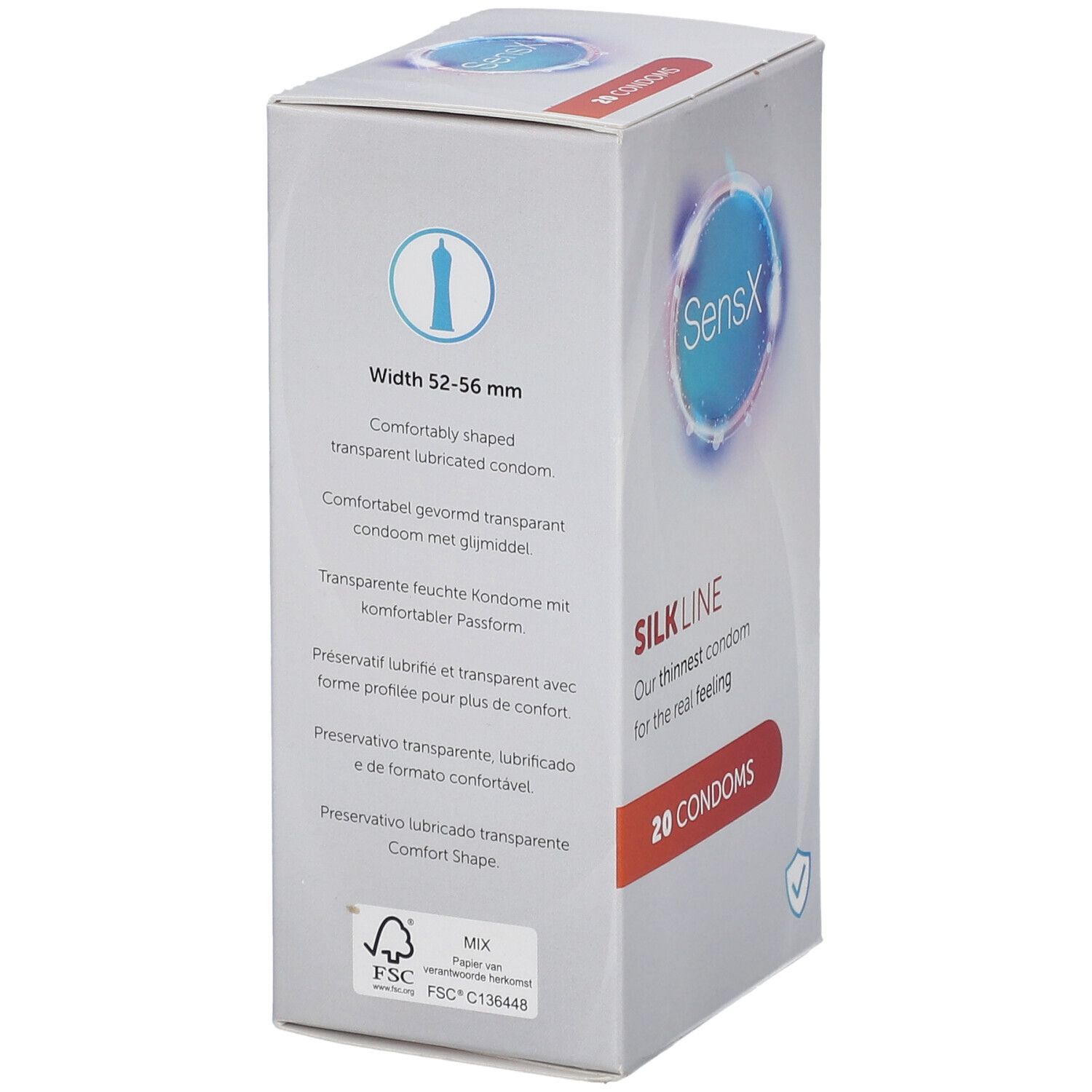 Côté de la boîte de préservatifs SensX Silk Line. Informations sur la largeur (52-56 mm) et certification FSC.