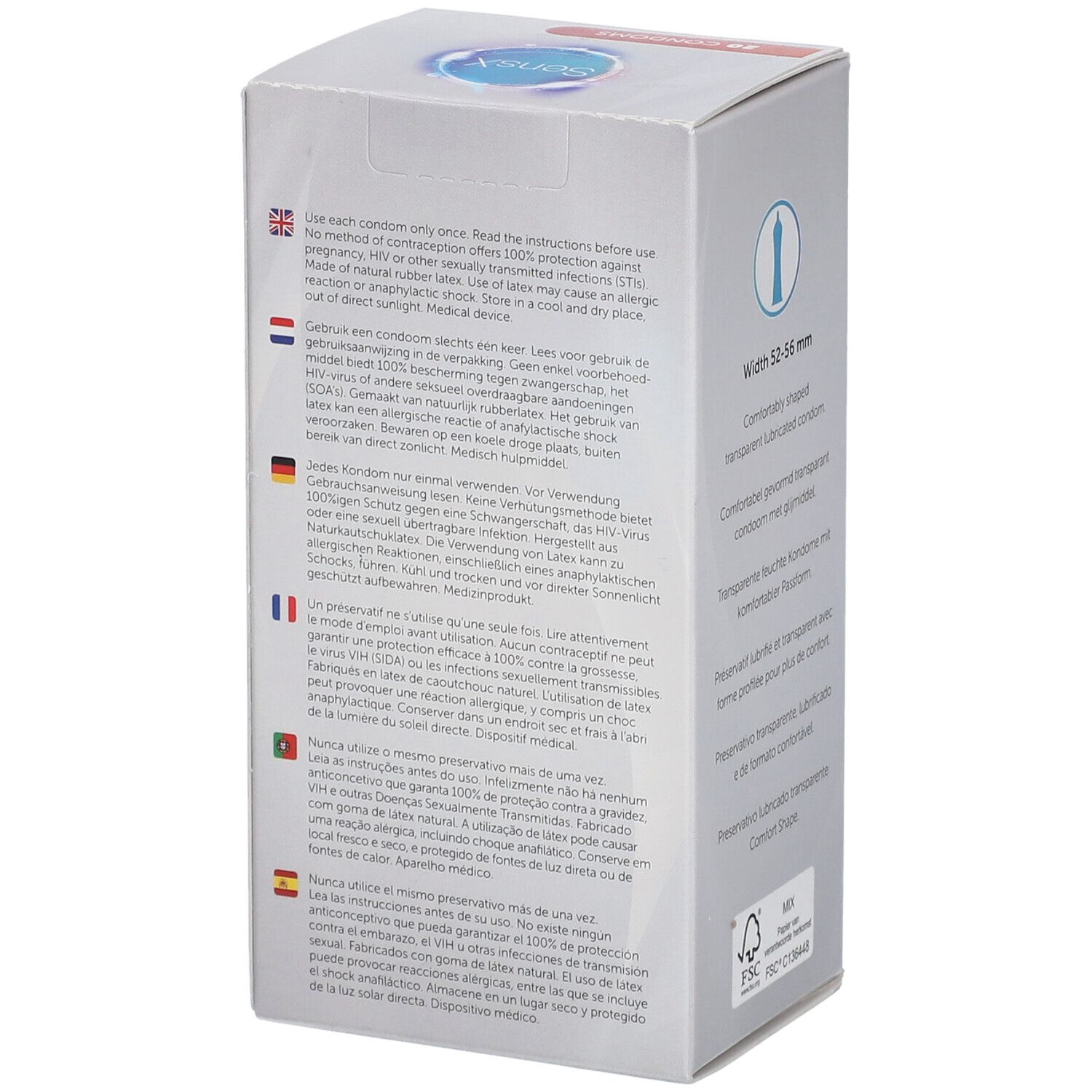 Dos de la boîte de préservatifs SensX Silk Line. Contient des instructions d'utilisation en plusieurs langues.