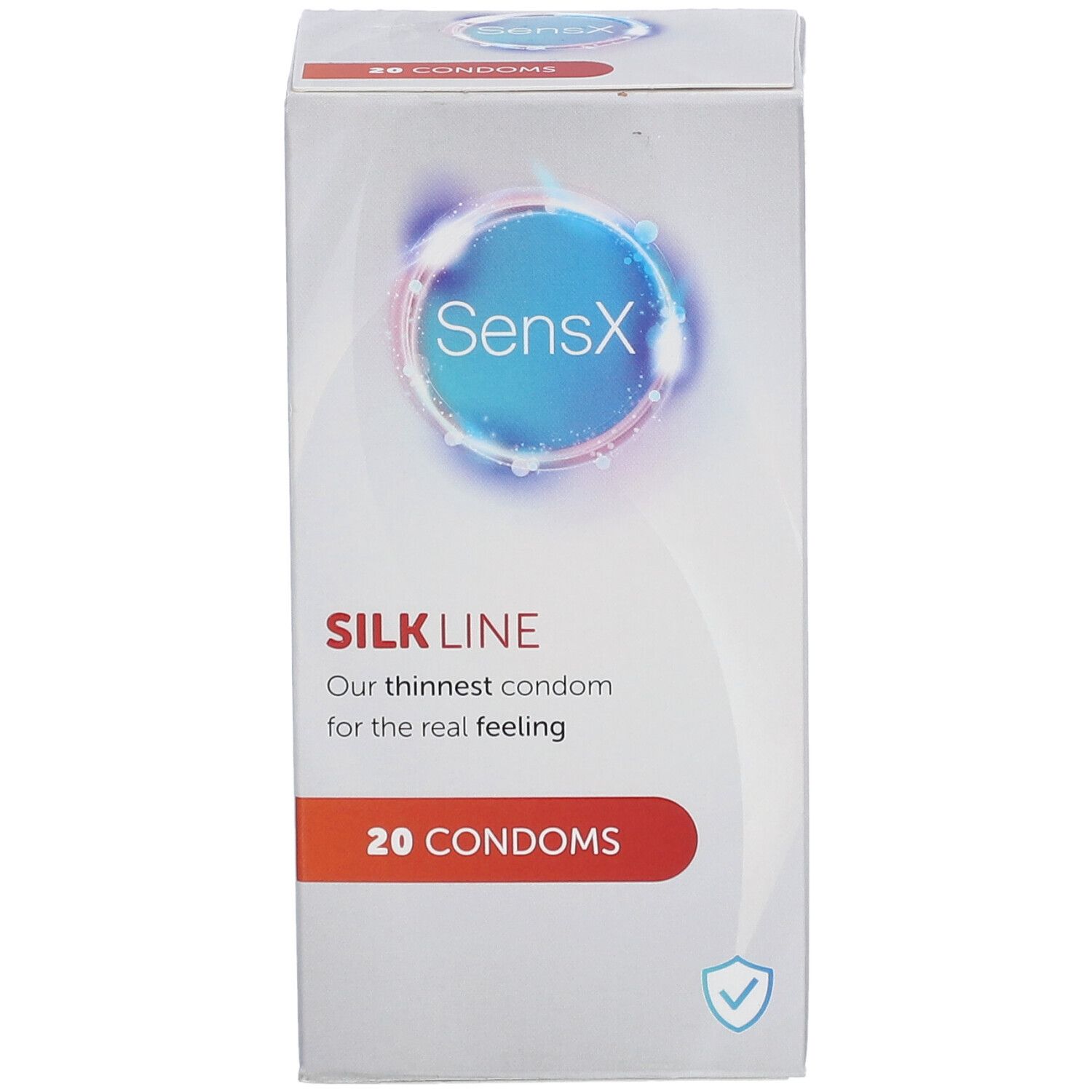 Vue de face de la boîte de préservatifs SensX Silk Line. 20 préservatifs. Inscription : Notre préservatif le plus fin pour la sensation réelle.