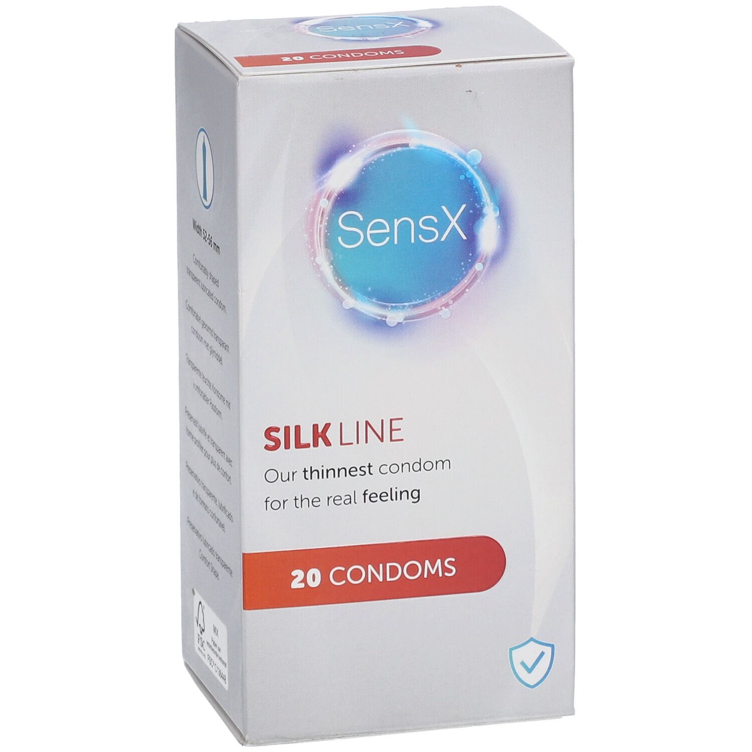 Boîte de préservatifs SensX Silk Line. 20 préservatifs. Inscription : Notre préservatif le plus fin pour la sensation réelle.