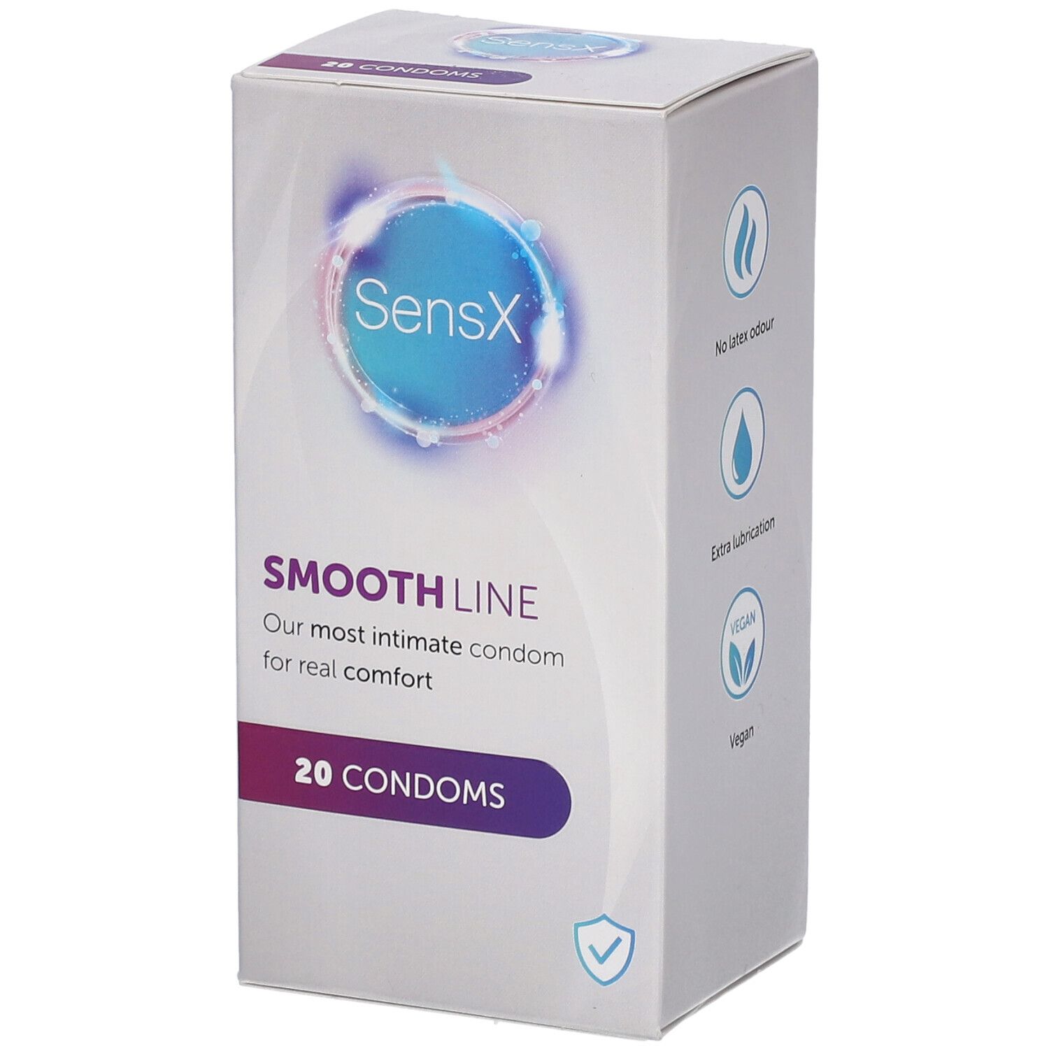 Boîte de préservatifs SensX Smooth Line. Inscription : 20 préservatifs. Logo : Vegan.