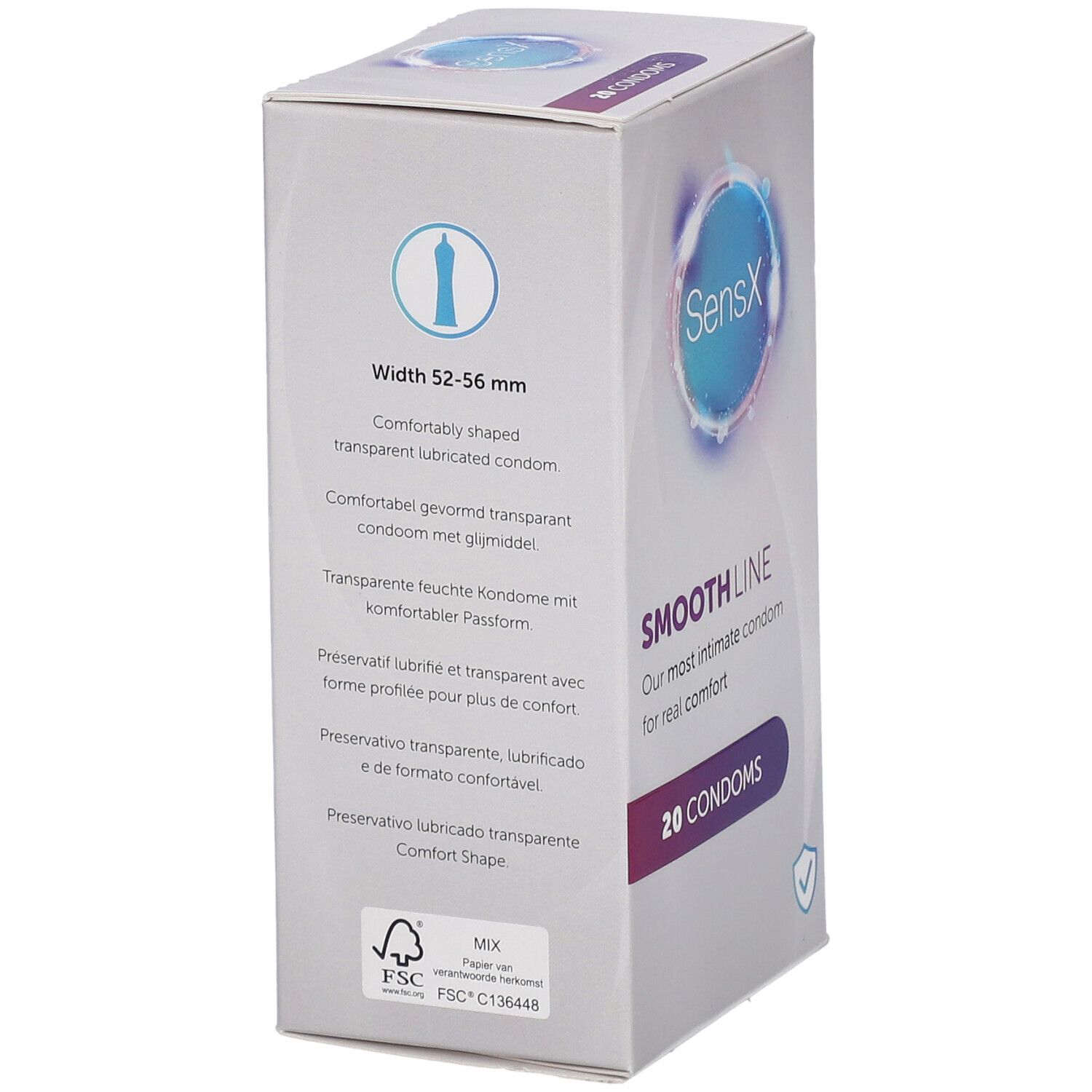 Dos de la boîte de préservatifs SensX Smooth Line. Texte : Largeur 52-56 mm. Logo FSC.
