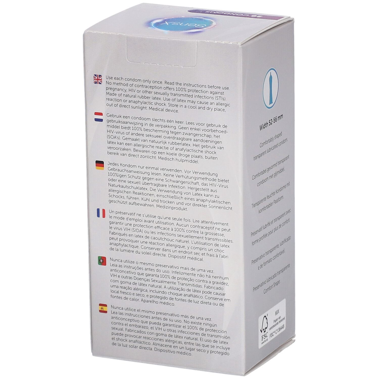 Côté de la boîte de préservatifs SensX Smooth Line. Texte multilingue sur l'utilisation. Logo FSC.