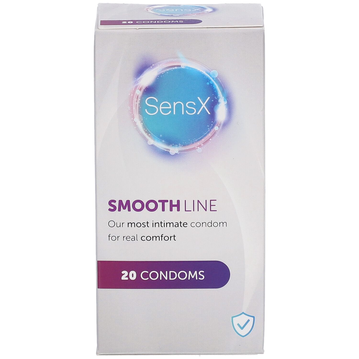 Vue de face de la boîte de préservatifs SensX Smooth Line. Inscription : 20 préservatifs.