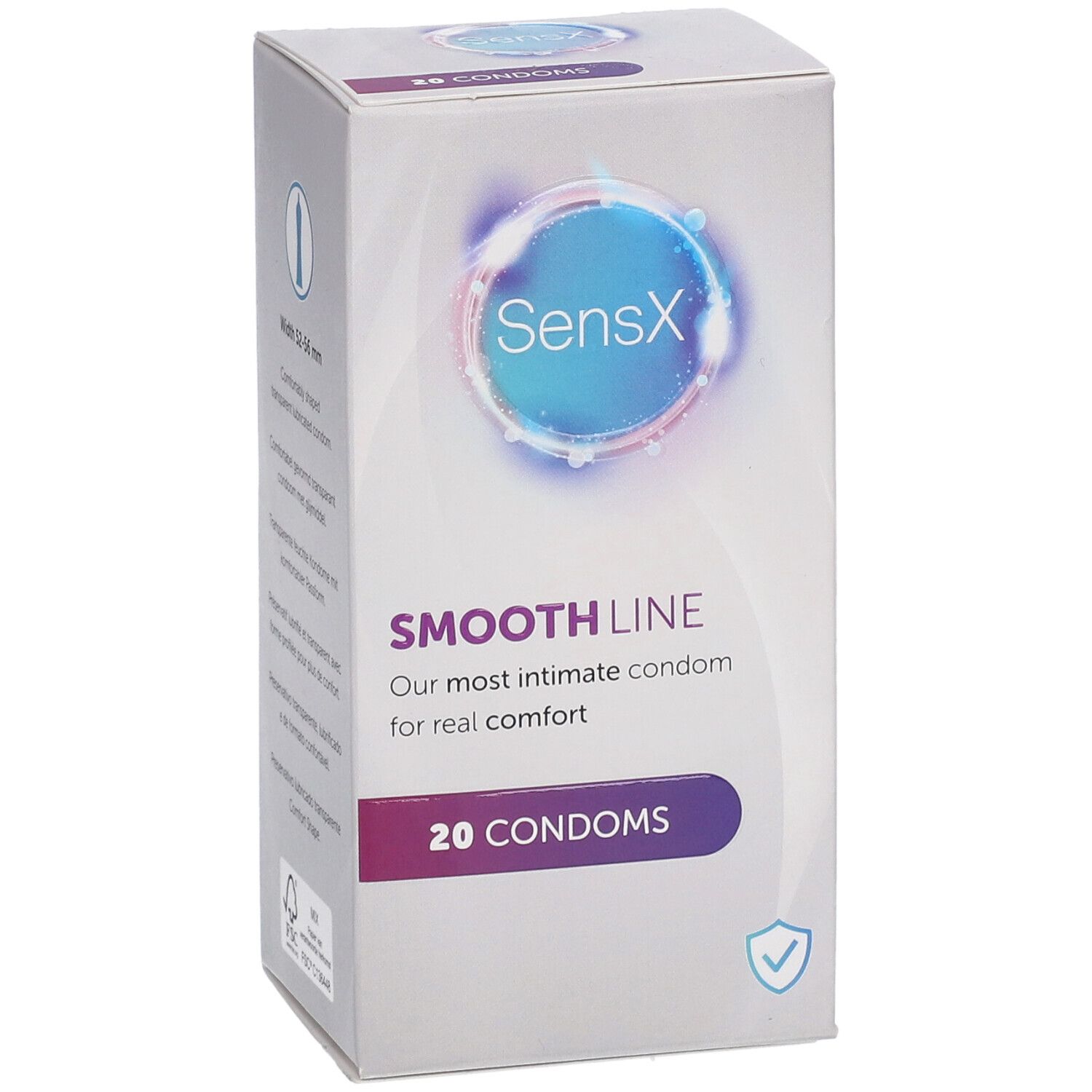 Boîte de préservatifs SensX Smooth Line. Inscription : 20 préservatifs. Logo FSC.