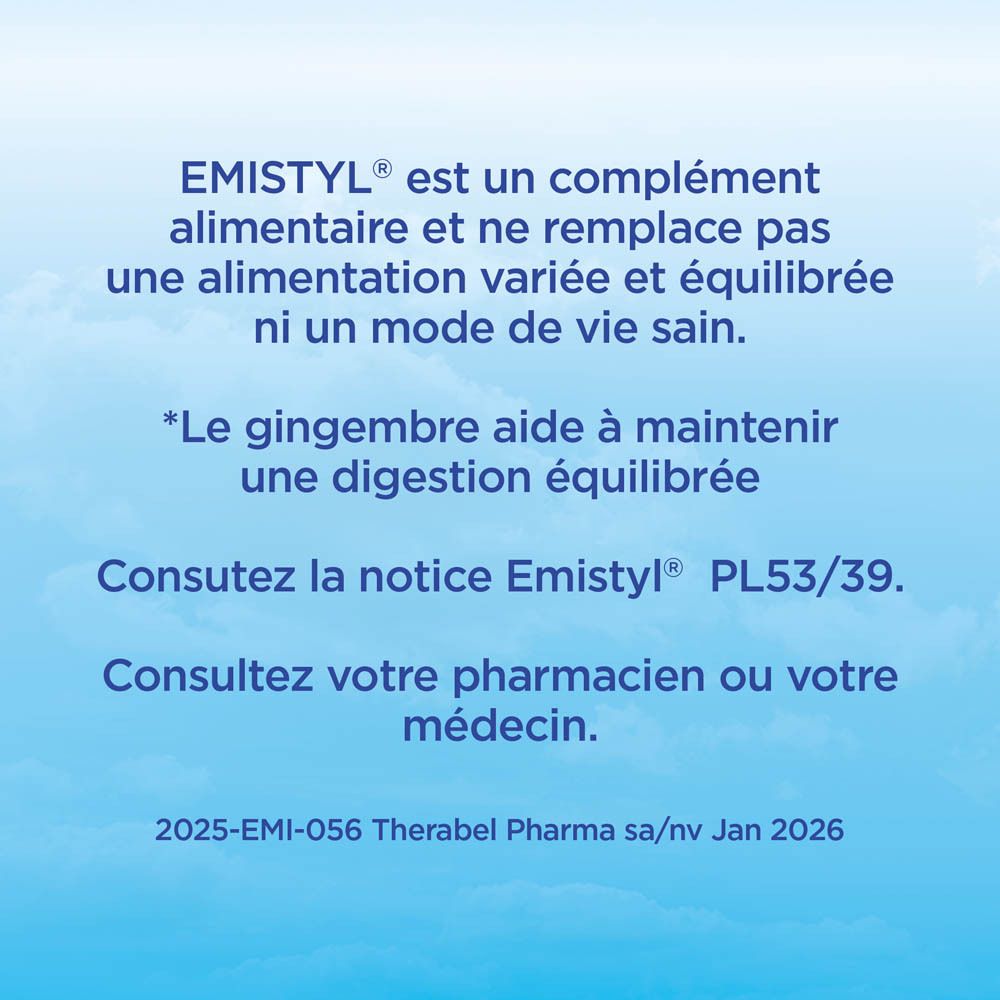 Masque bleu avec capsule Emistyl®. Texte: Mini capsule molle, facile à avaler.